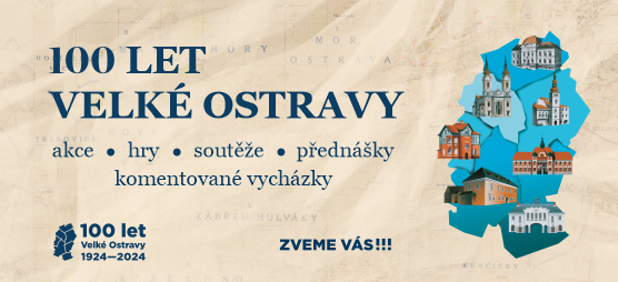 Logo akce: 100let Velké Ostravy s mapou obvodů a hesly: Akce, hry, soutěže, přednášky komentované vycházky