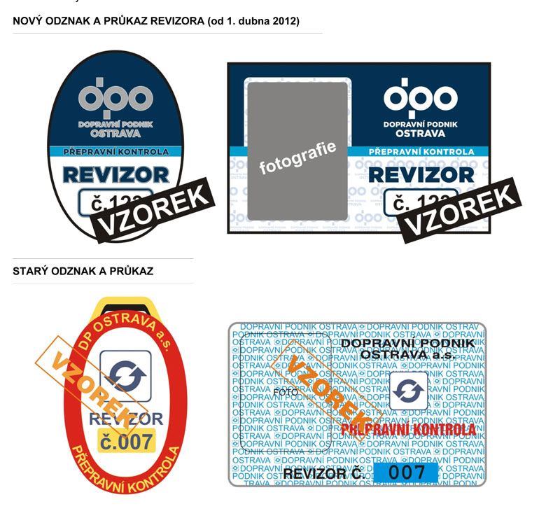 Odznaky a průkazy, kterými se prokazují revizoři Dopravního podniku Ostrava