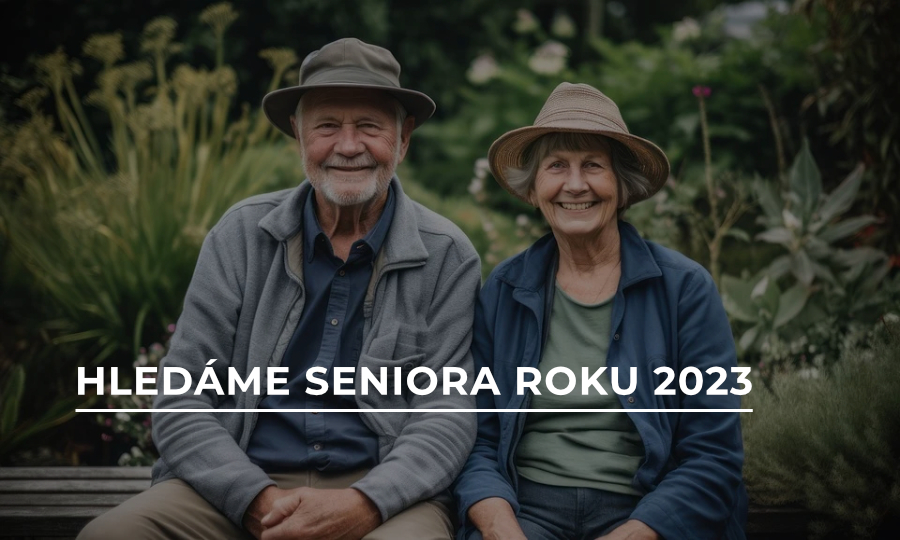 ilustrační obrázek - dva sedící senioři s textem: Hledáme seniora roku 2023