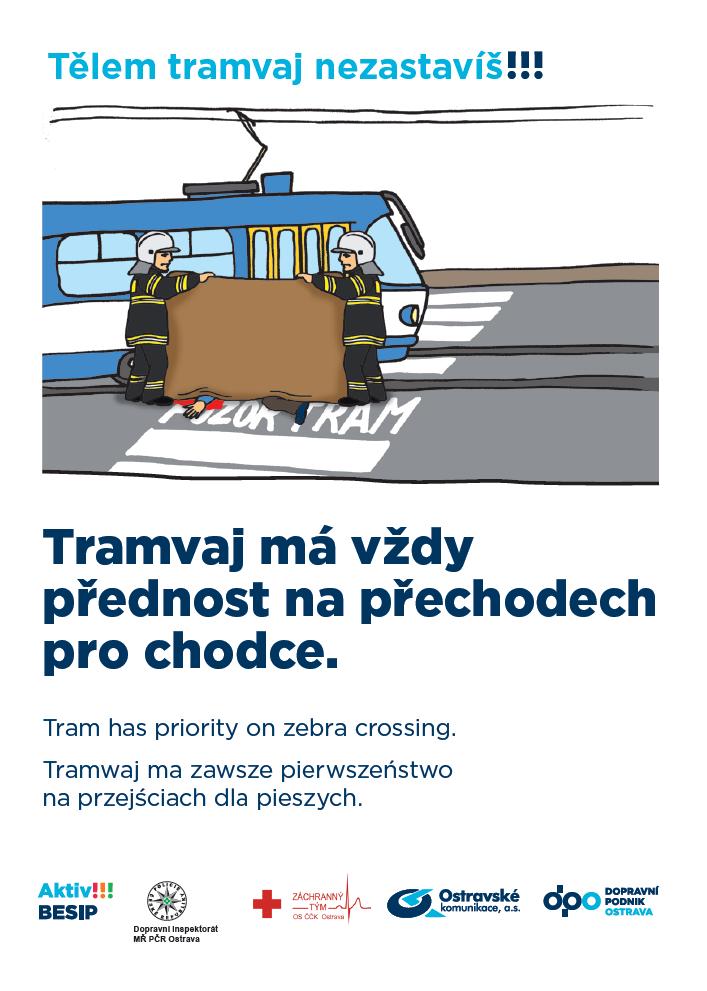 Tělem tramvaj nezastavíš! Tramvaj má vždy přednost na přechodu pro chodce. Bezpečnostní kampaň v Ostravě. Bezpečnější Ostrava. Aktiv BESIP